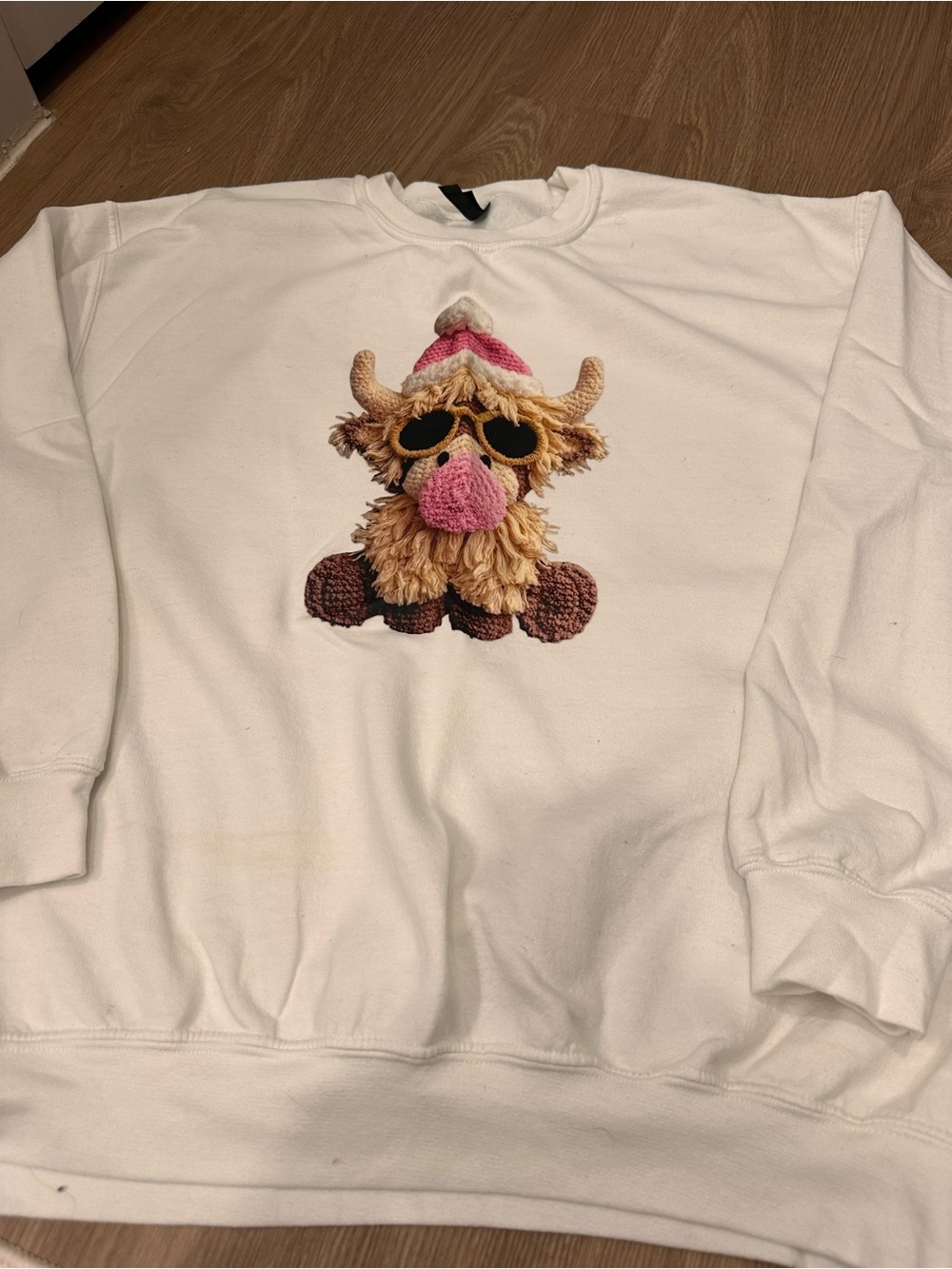 Gildan White Crewneck Sweater with Plush Highland Cow Graphic